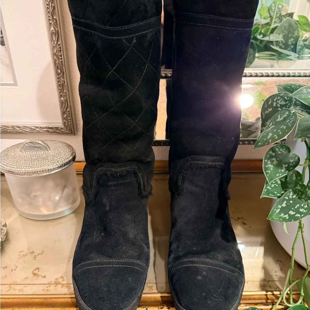 CHANEL Black Suede Mid-Calf CC Logo Boots - Picture 6 of 7